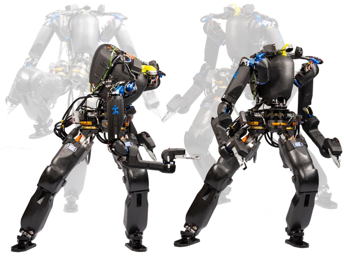 Several different views of a headless black humanoid robot demonstrating its flexibility