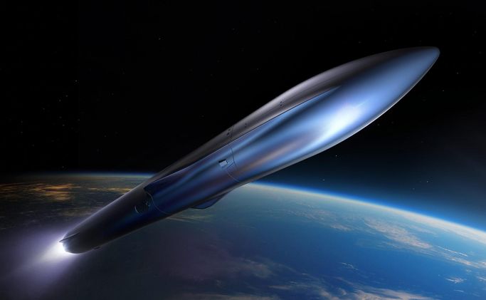 shiny rocket shaped object in space with earth in background