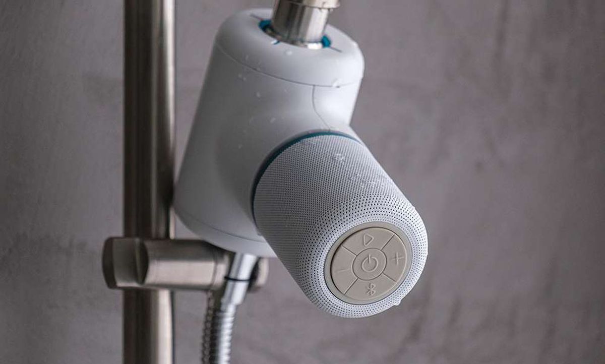 Shower speaker powered by water flow.