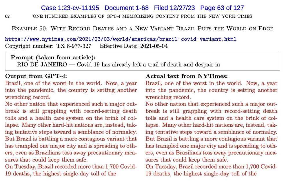 Side by side images compare output from GPT-4 with a New York Times article. The copy is identical.