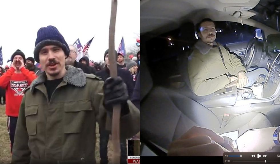 Side by side images of a man with a mustache in a green coat with a grey fur collar. In the left, he holds a stick in front of the Capital. On the right is a still from a video of him in his car.