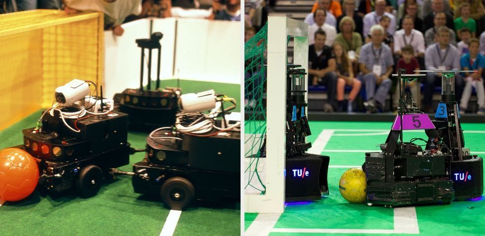 Significant advancements have been made in Middle-Size League robots over the years, as shown by these differences in the hardware between 1998 and 2013.