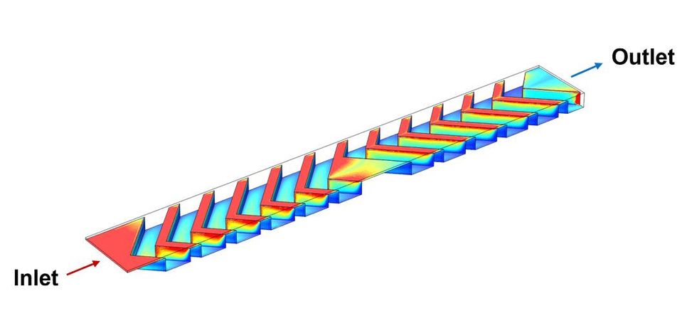 Simulation of the microchannel network system, which has V-shaped channels along a rectangular container where the water enters the inlet and exists the outlet.