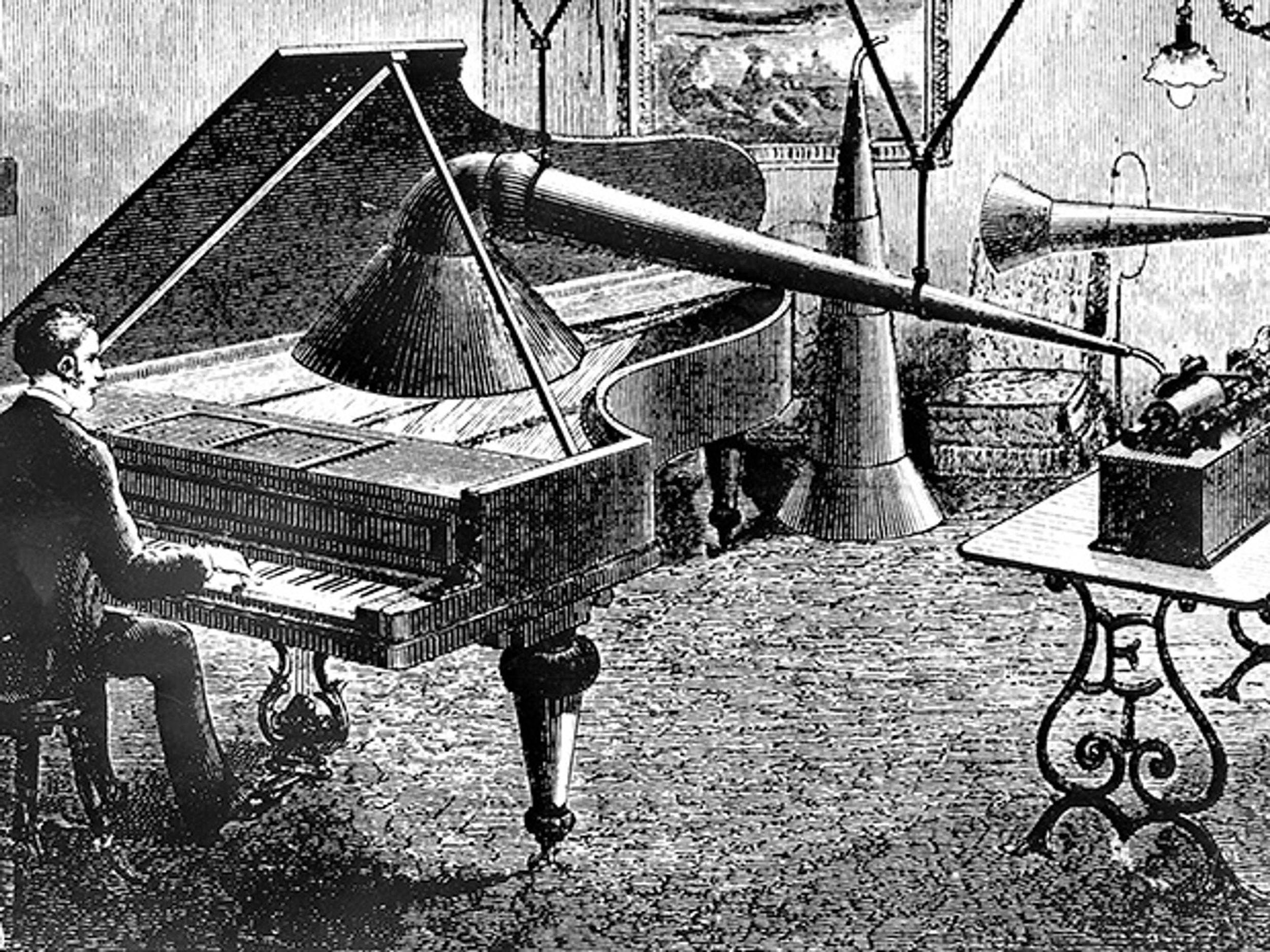 sketch of early sound recording with pianist