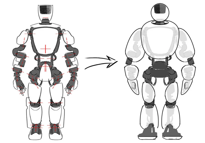 팔, 몸통 등 풍선처럼 부풀어 오르는 신체 부위를 포함하는 가장 오른쪽 로봇인 휴머노이드 로봇 두 대의 스케치