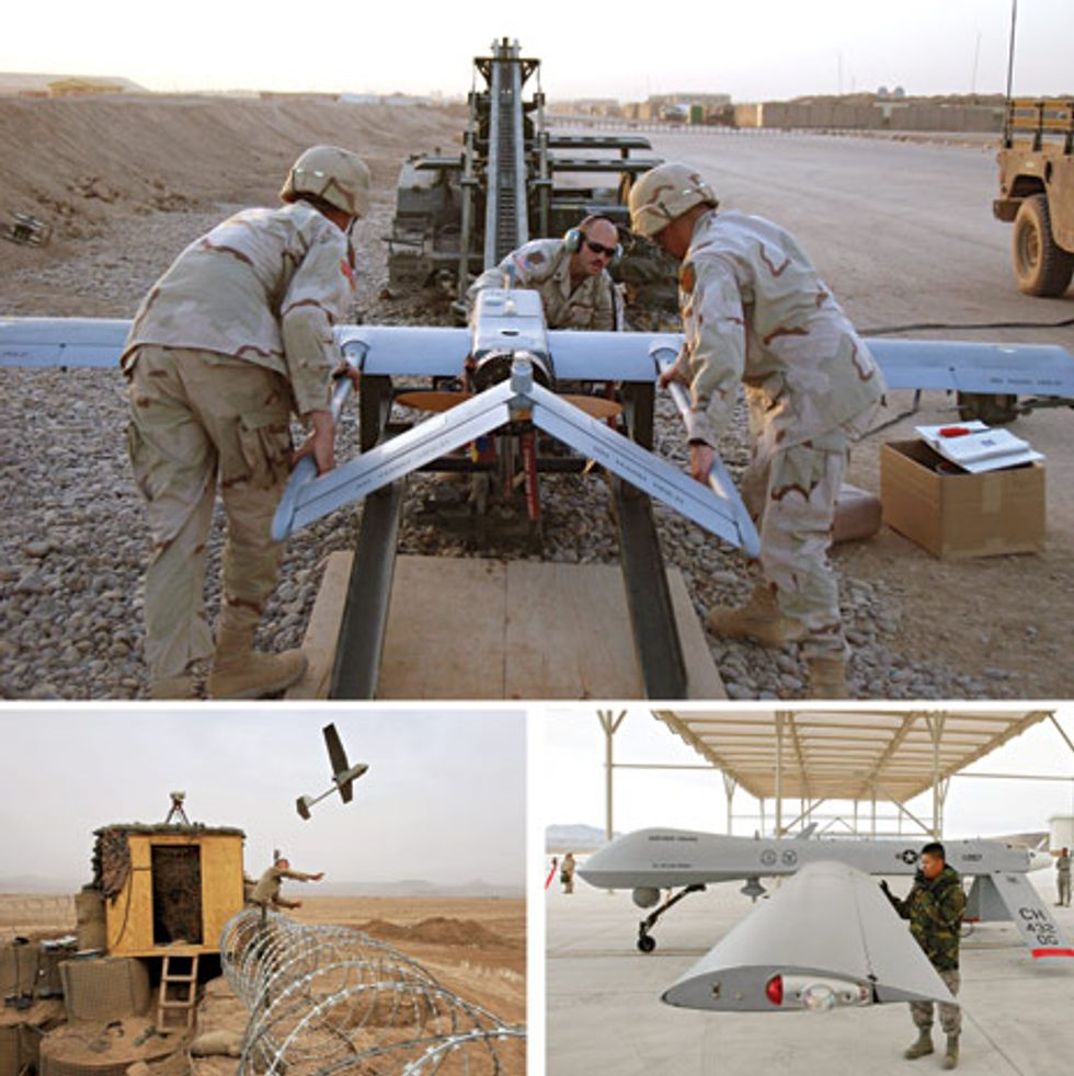 Sky Eyes: U.S. Army operators in Iraq prepare a Shadow for catapault launch (top); a soldier heaves a Raven into the air from the perimeter of a U.S. Marine base in Afghanistan (bottom left); and an airman at Creech Air Force Base checks over a Predator before flight (bottom right).