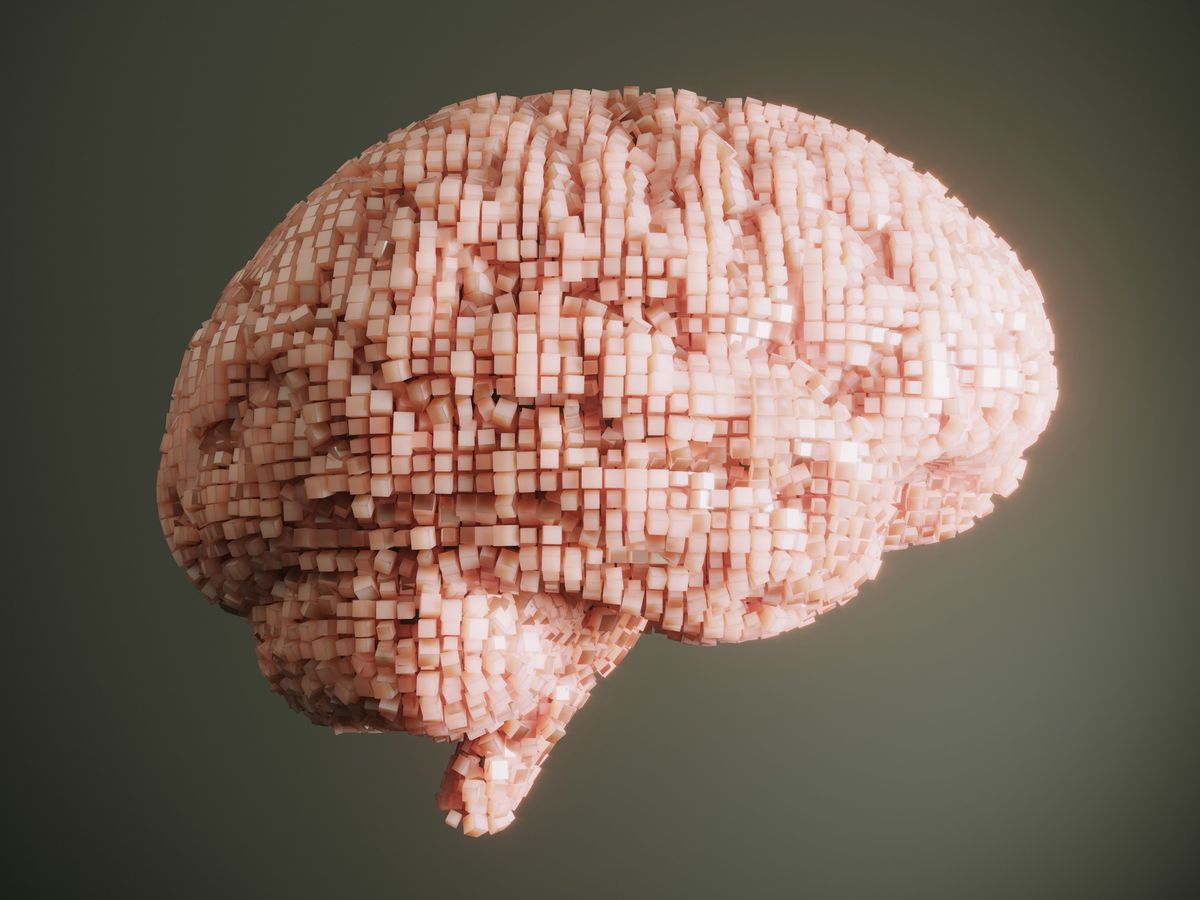 small pink cubes arranged in the shape of a human brain against a dark background