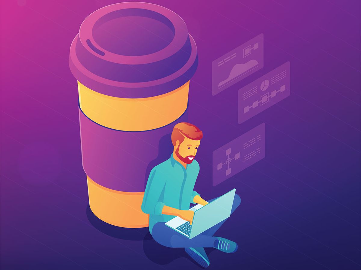 Software programmer sitting against an person sized cup of coffee