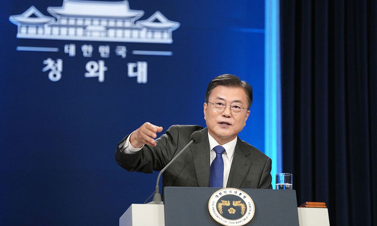 South Korean President Moon Jae-in delivers a special address to mark the fourth anniversary of his inauguration at the presidential blue house on May 10, 2021 in Seoul, South Korea.