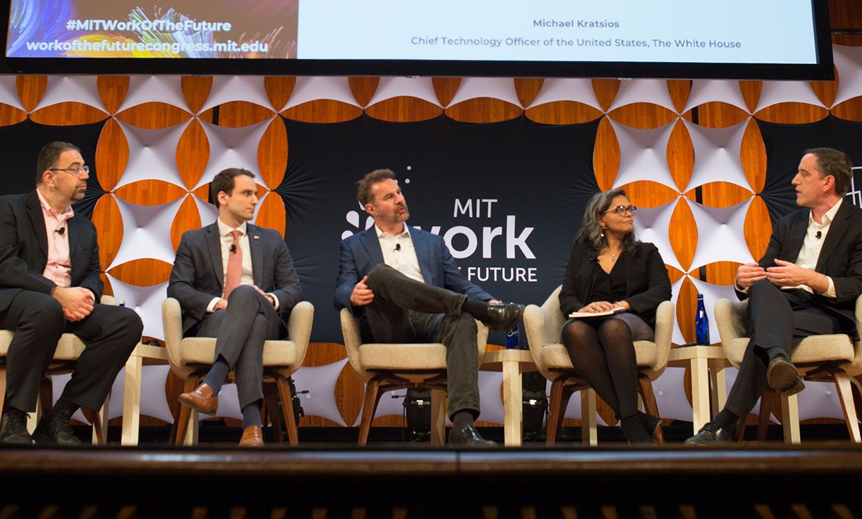 Speakers at the MIT Future of Work symposium, from left: Daron Acemoglu, Michael Kratsios, Erik Brynjolfsso, Sarita Gupta, and Alastair Fitzpayne.