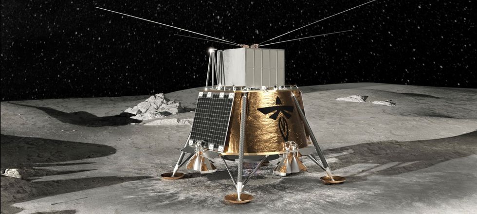 Squat gold, silver and white spacecraft on the moon, with four straight antennae on top. Stars in the black sky in the background.