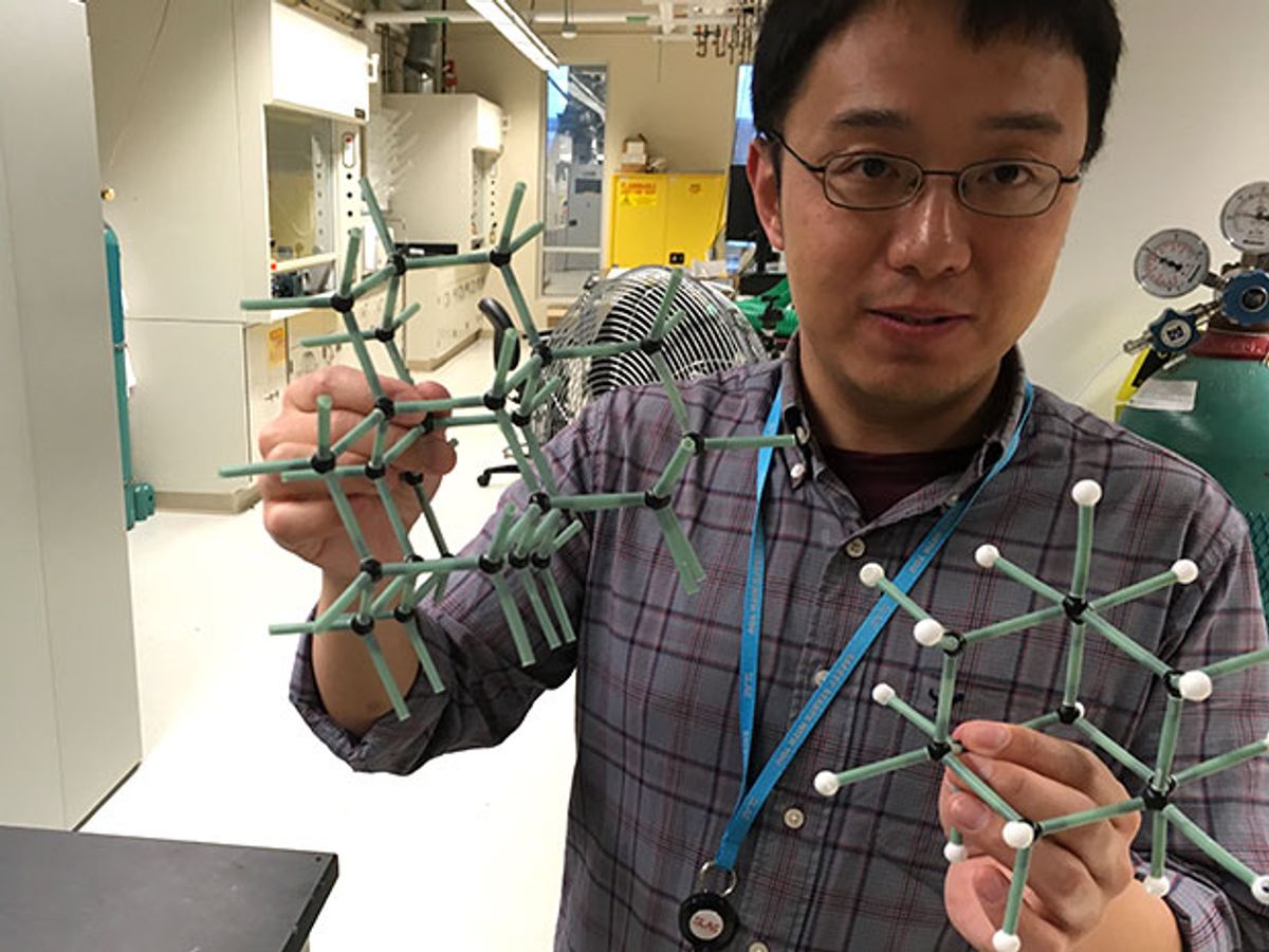 Stanford researcher Hao Yan presents models of the diamondoid molecule