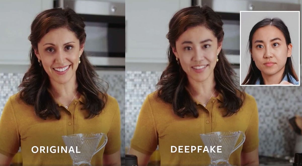 Still from a video showing a woman in a kitchen, the original is on the left, the deepfake on the right, along with an inset image of the woman used for the deepfake.
