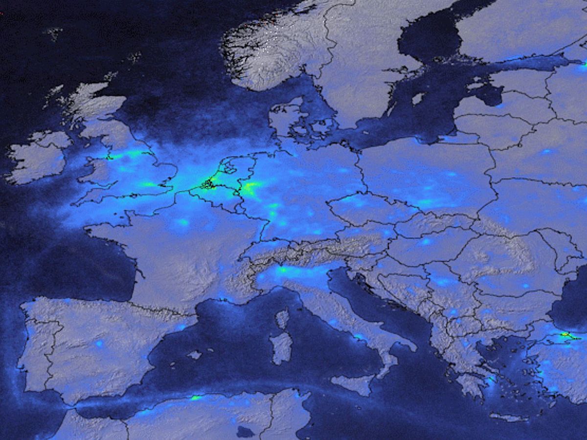 Still image from a comparison gif comparing nitrogen dioxide emissions over Europe between March and April of 2019 and 2020.