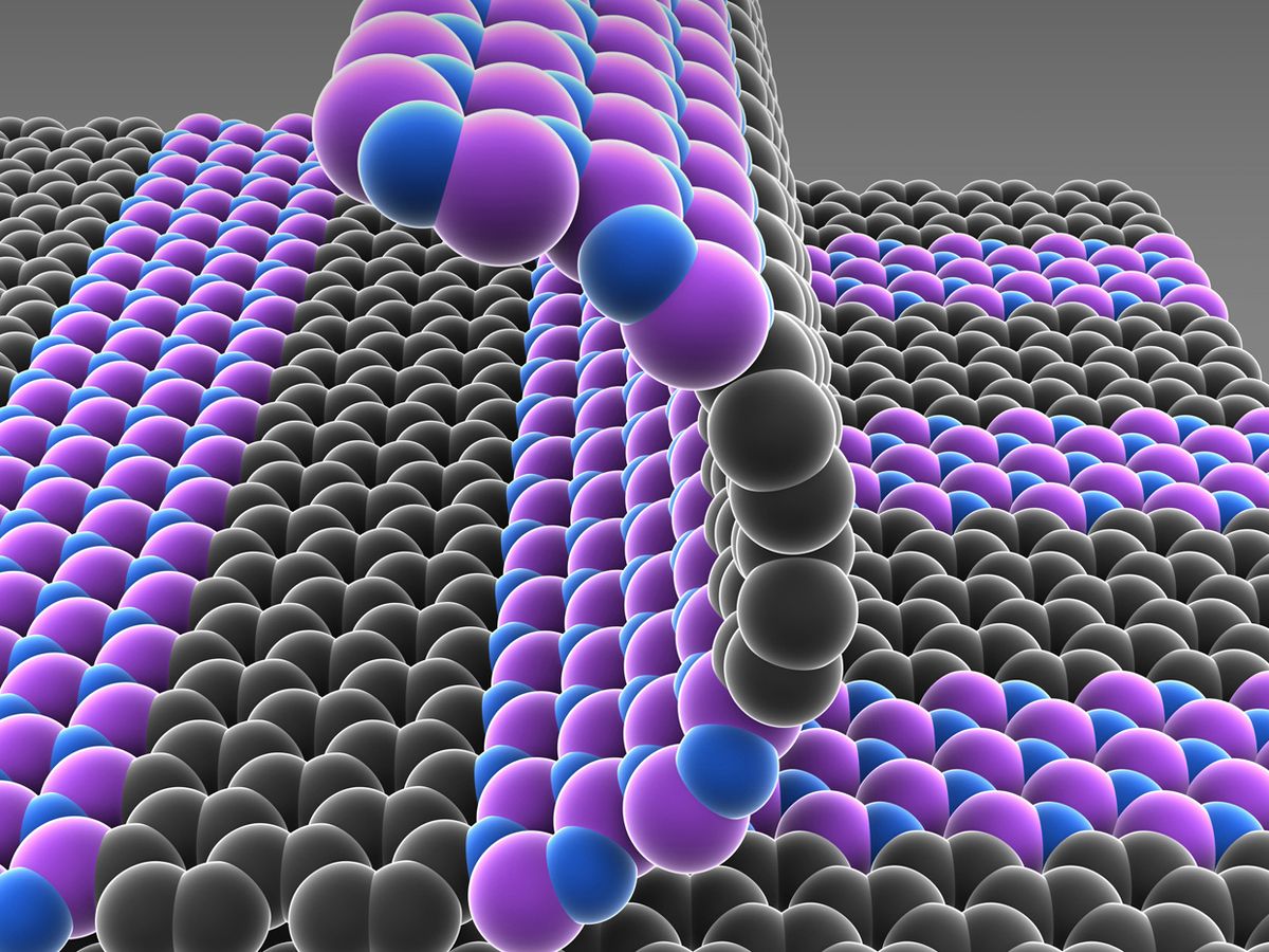 Strips of graphene [grey] and boron nitride stitch together to form arrays of wires.