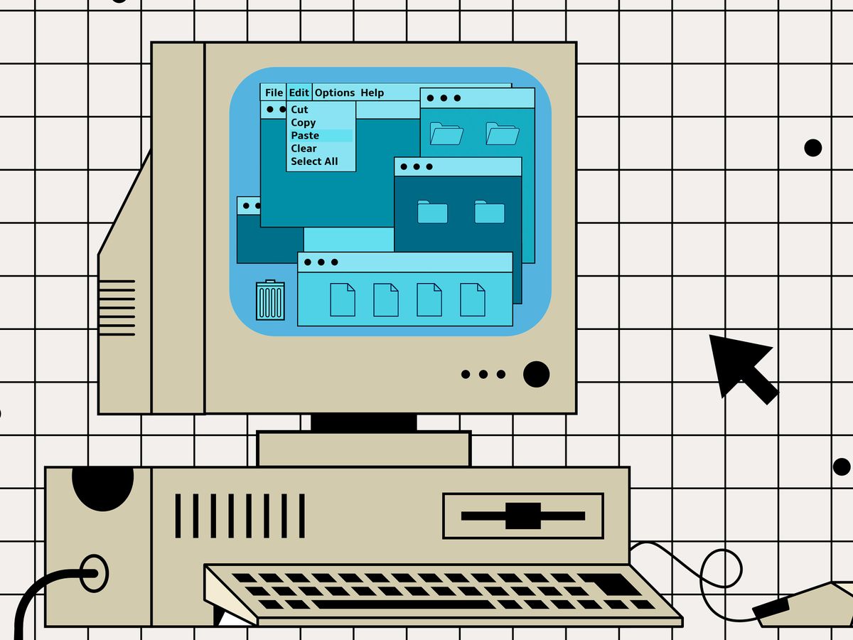 Stylized drawing of a desktop computer with mouse and keyboard, on the screen are windows, Icons, and menus 