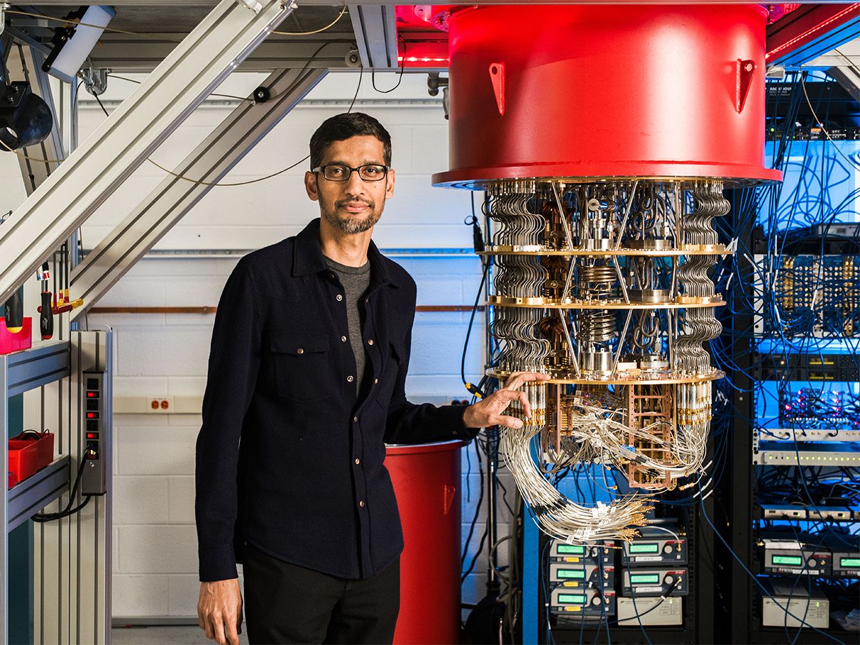 Sundar Pichai with one of Google's quantum computers in the Santa Barbara lab.