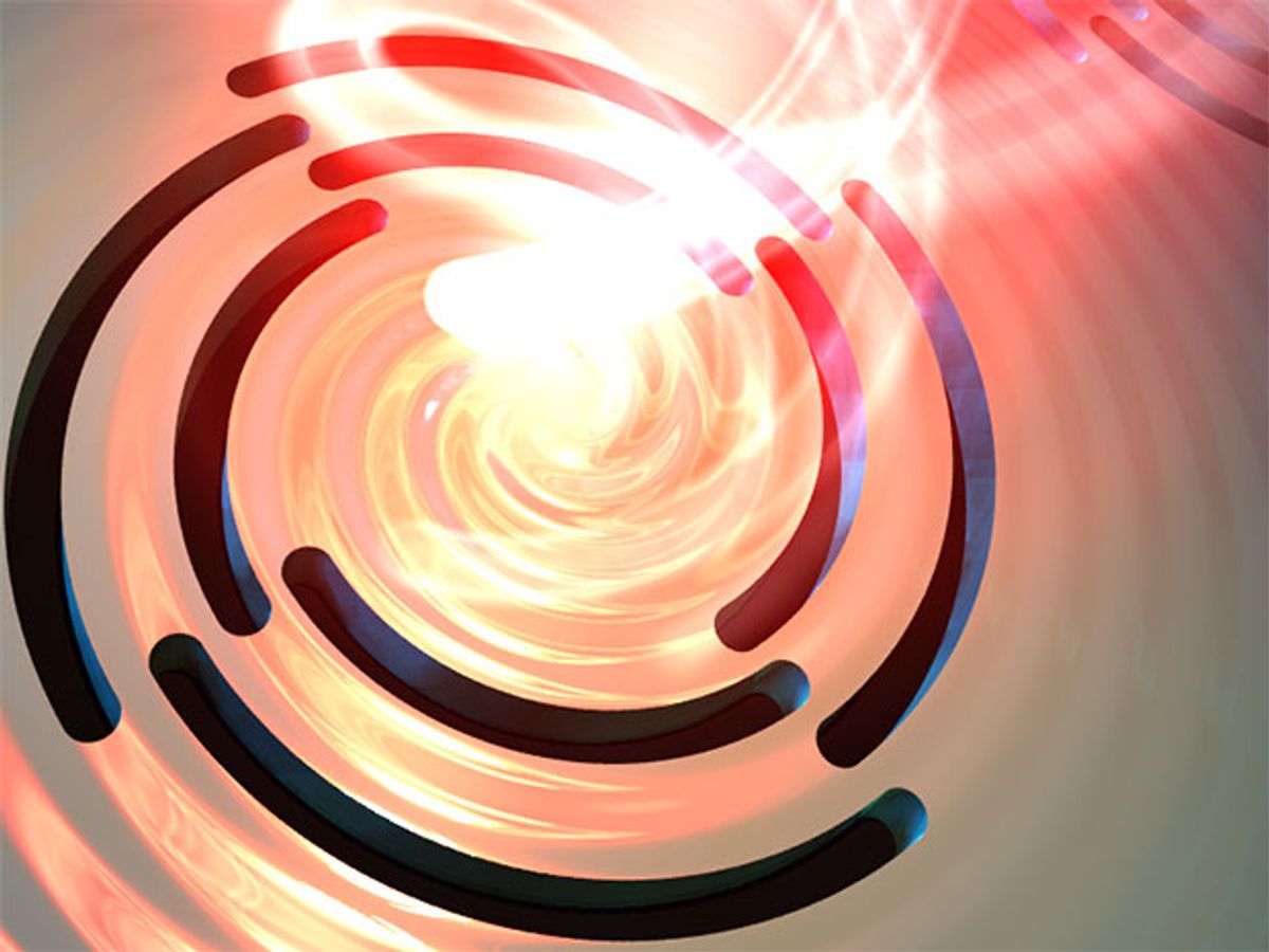 Symbolic image of light interacting with a gold surface with 4-fold symmetric Archimedean spirals: Plasmons with orbital angular momentum are excited and swirl towards the center.
