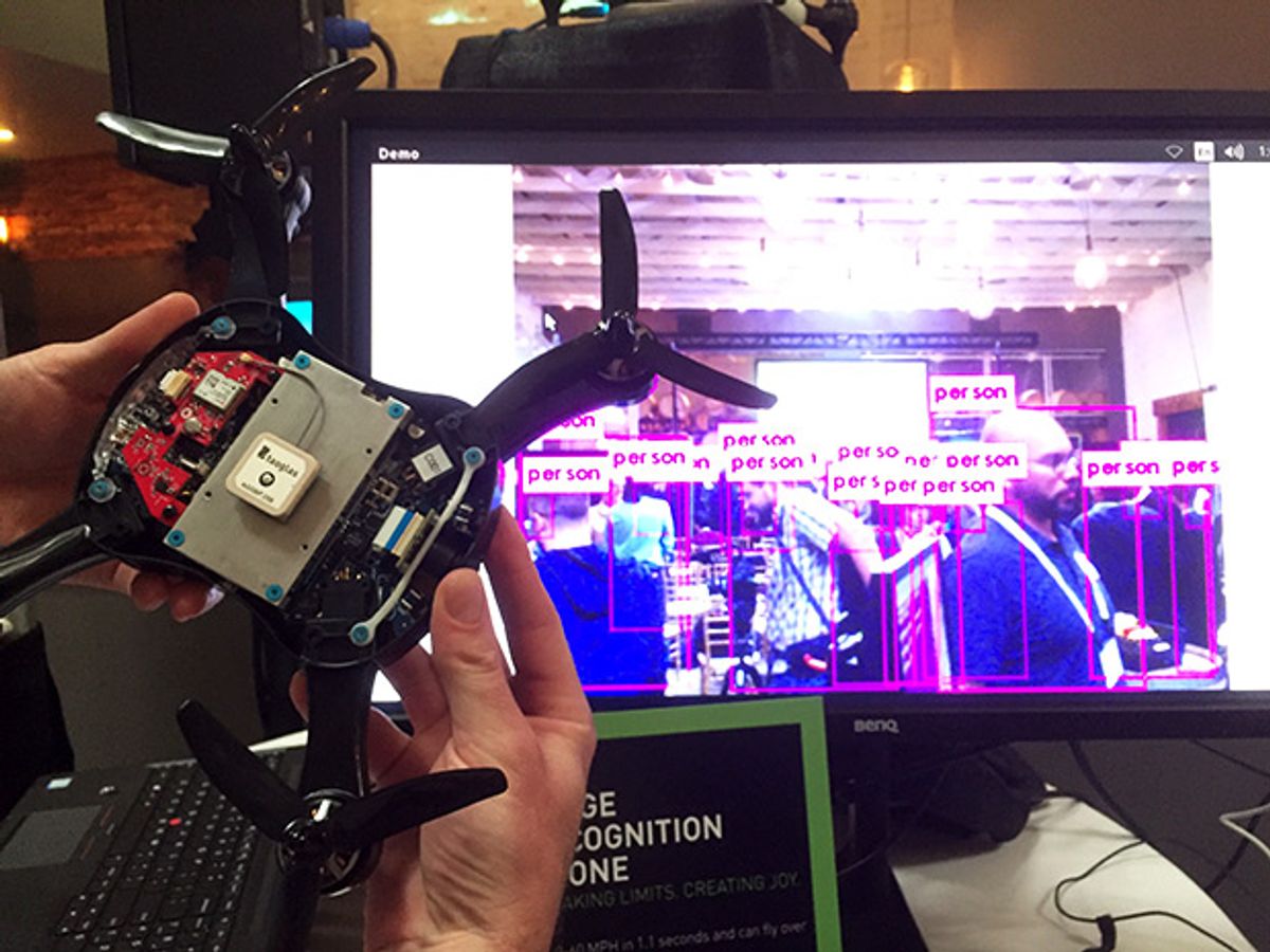Teal's smart drone uses the Nvidia Jetson module to identify what its cameras see, attaching labels in real time to, in this demo, people