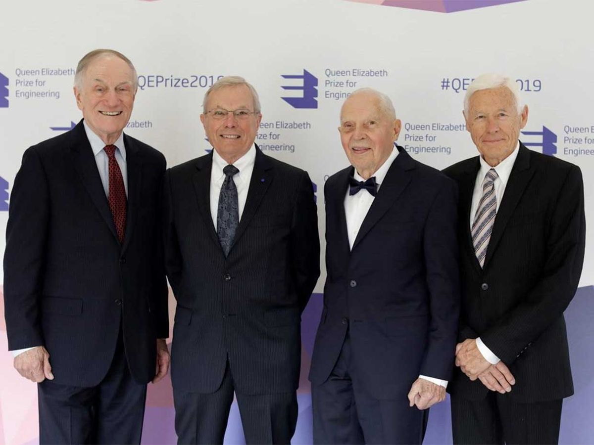The 2019 Queen Elizabeth Prize for Engineering was awarded to Richard Schwartz, Bradford Parkinson, James Spilker, Hugo Fruehauf [pictured, from left] for their work on the Global Positioning System (GPS).