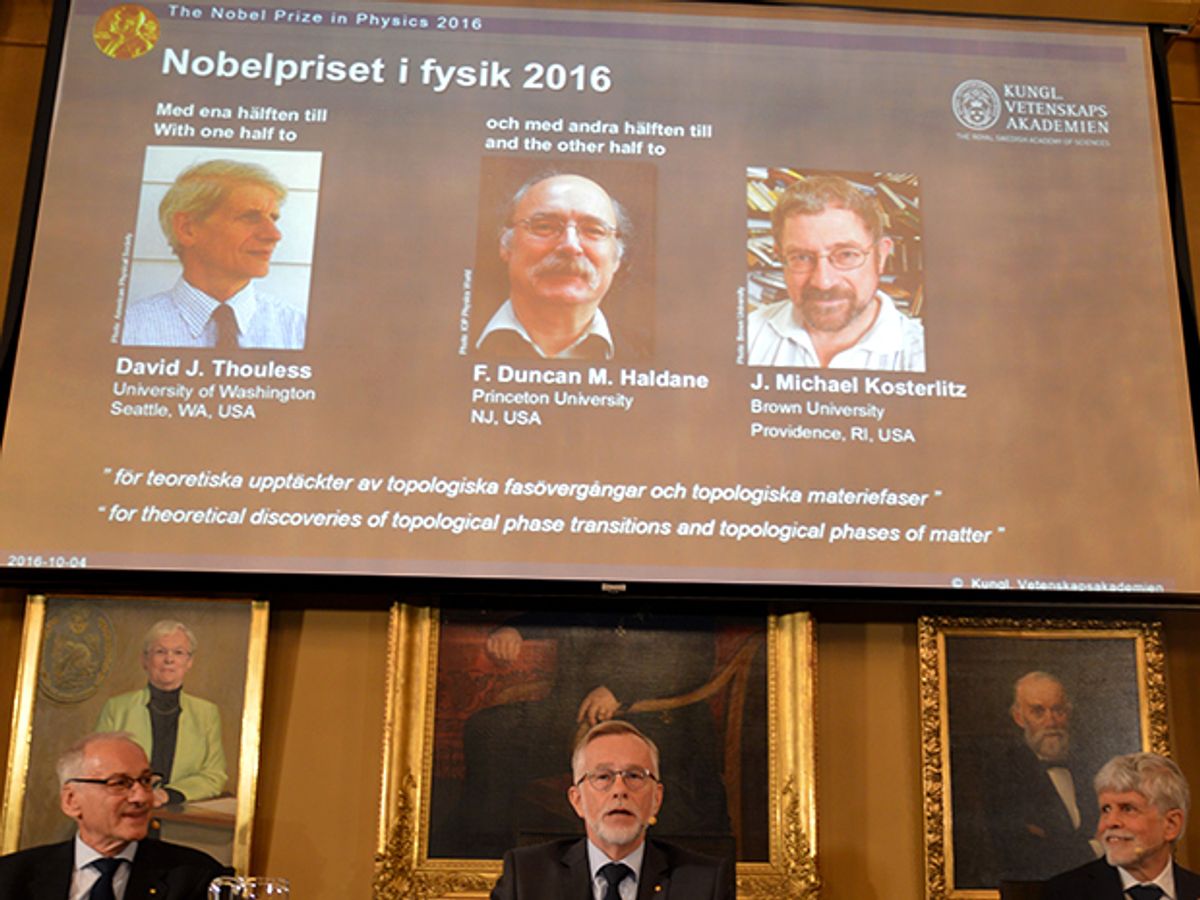 The announcement that the 2016 Nobel Prize in Physics will go to Michael Kosterlitz, David J. Thouless, and Duncan Haldane.