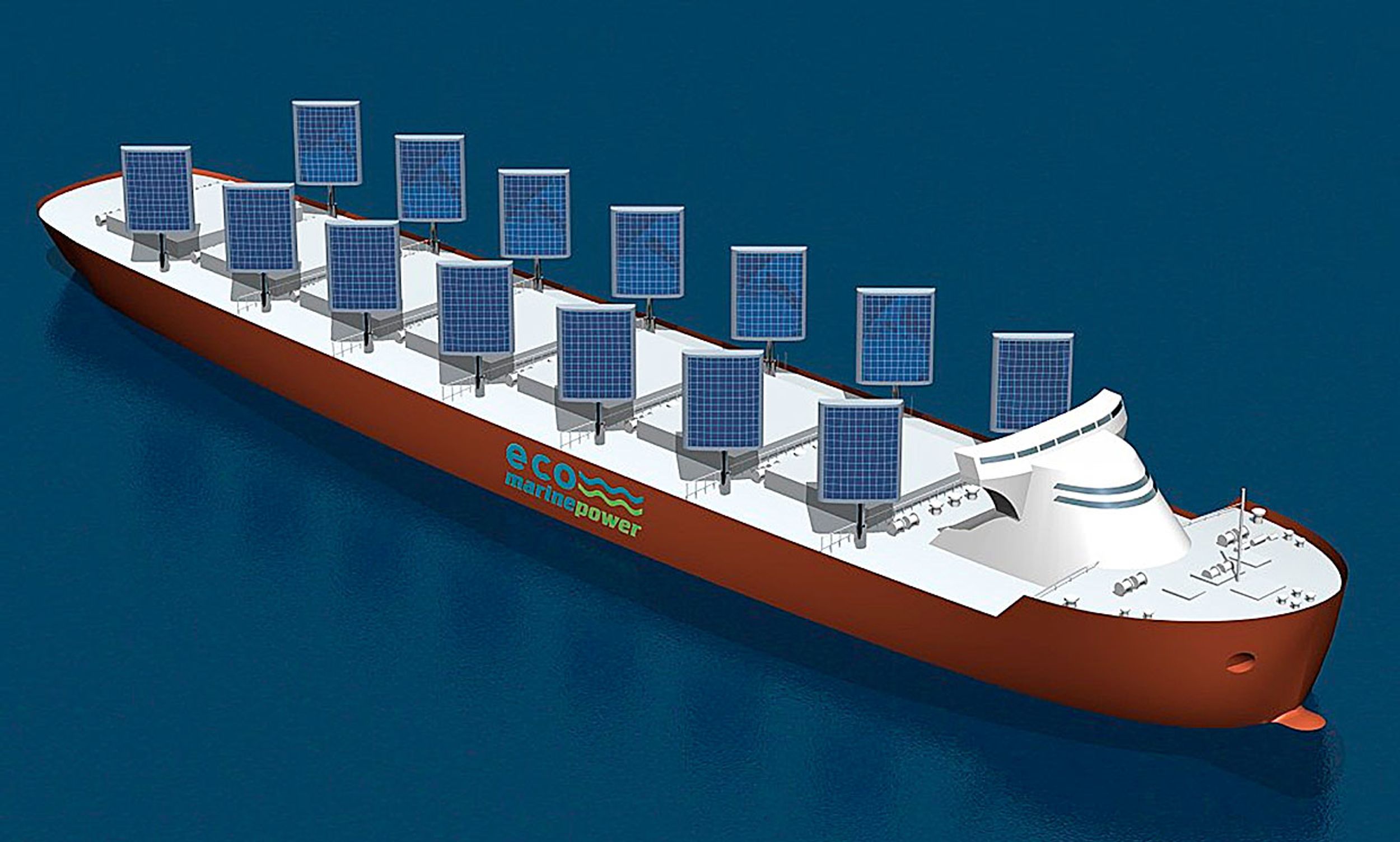 The Aquarius Eco Ship concept design includes rigid sails with solar panels to curb ships' fuel consumption.