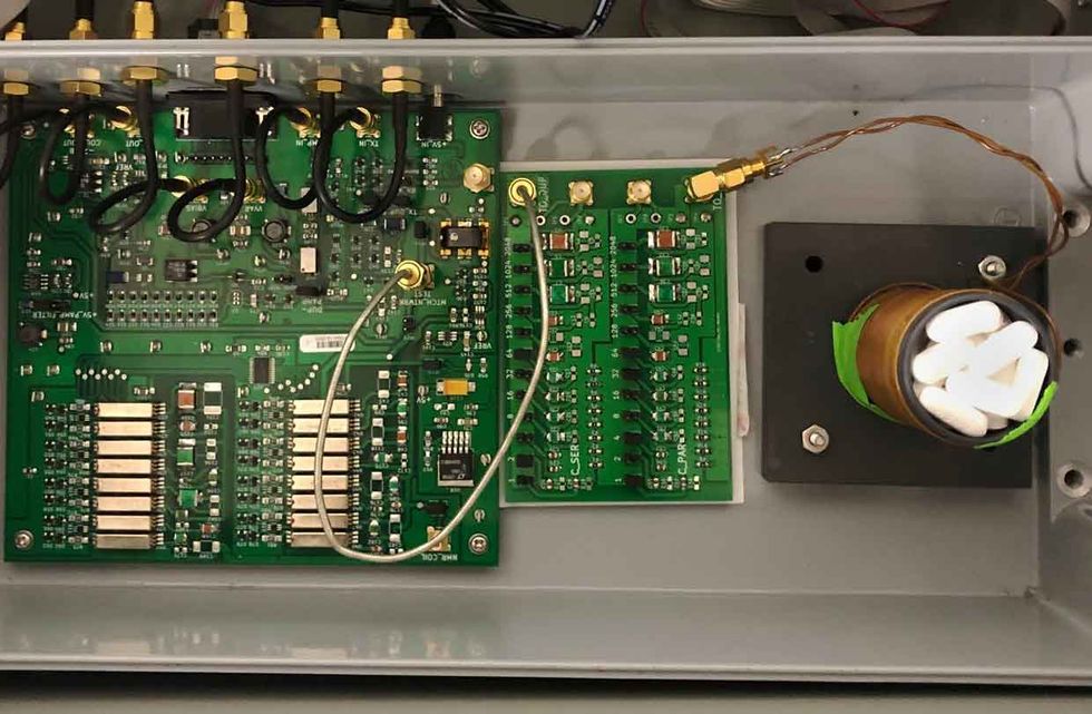 The authors\u2019 prototype instrument for measuring nuclear quadrupole resonance contains a simple coil.