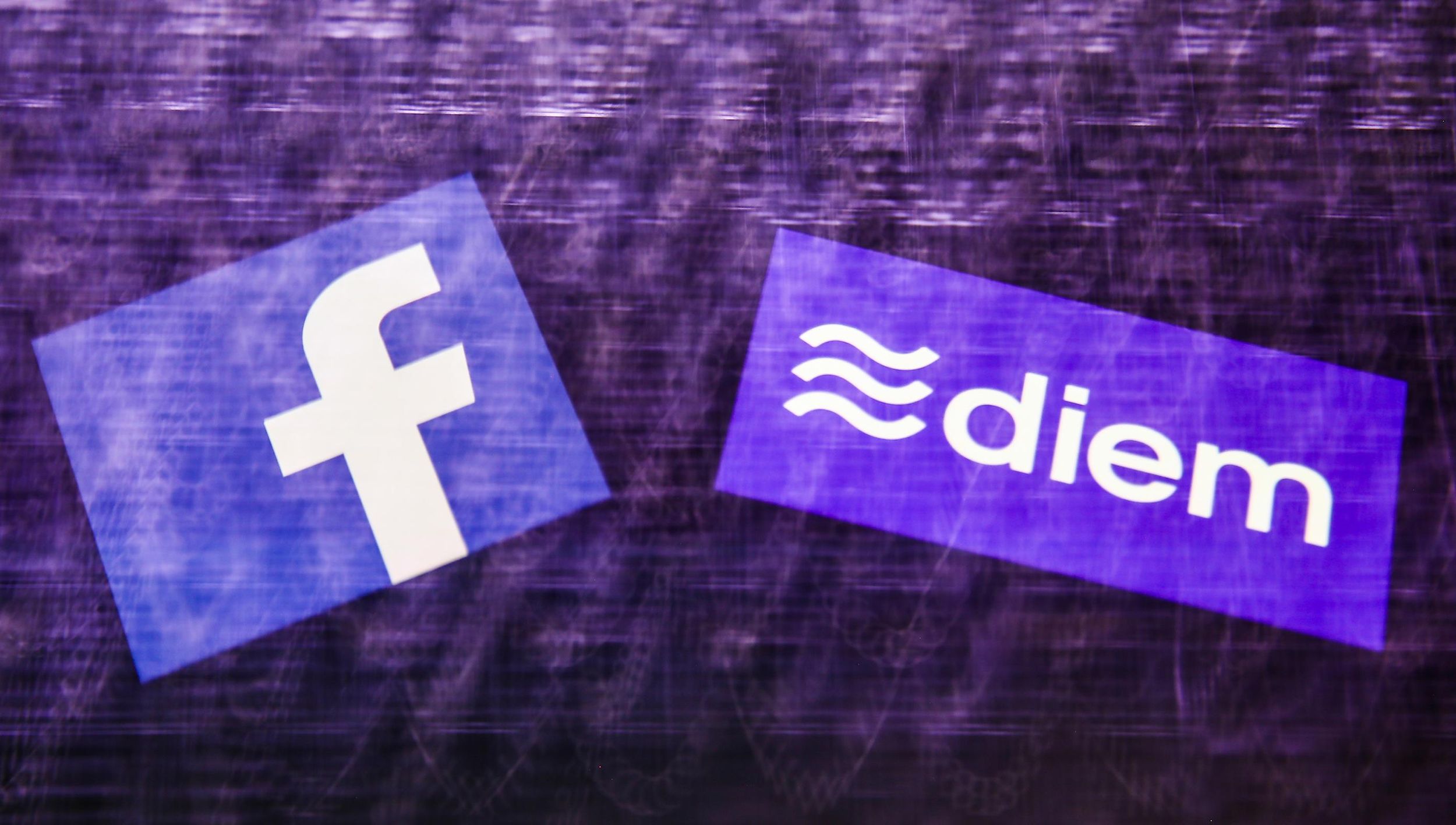The background is purple and wavy. On the left is Facebooks icon logo. On the right is the icon for Diem.