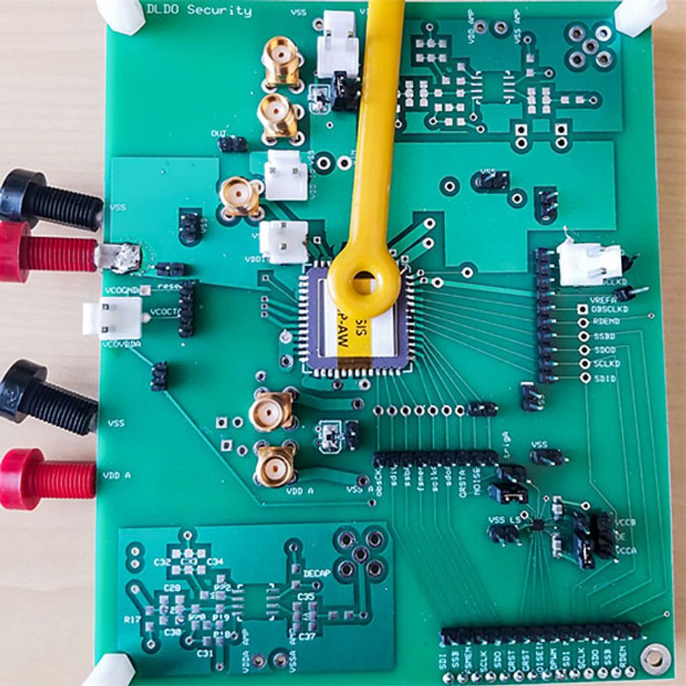 The circuit uses a digital low-dropout regulator to power 128-bit encryption engines that inject noise into the chip\u2019s emissions and scramble the timing of when those outputs happen.