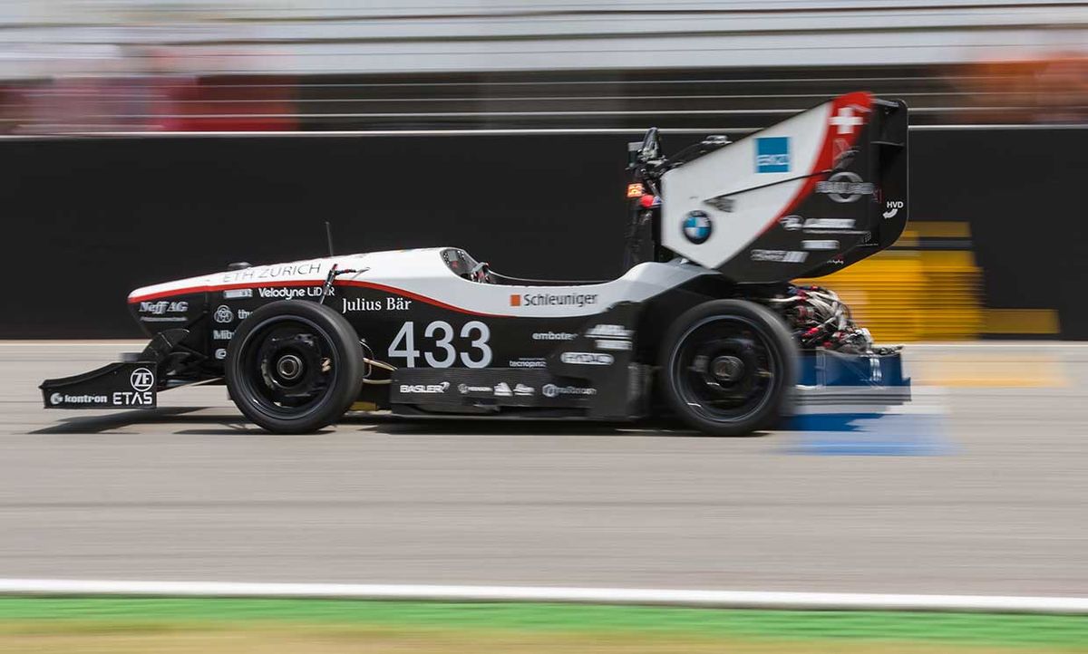 The driverless "pilatus"electric race car on the race track of Formula Student Germany.