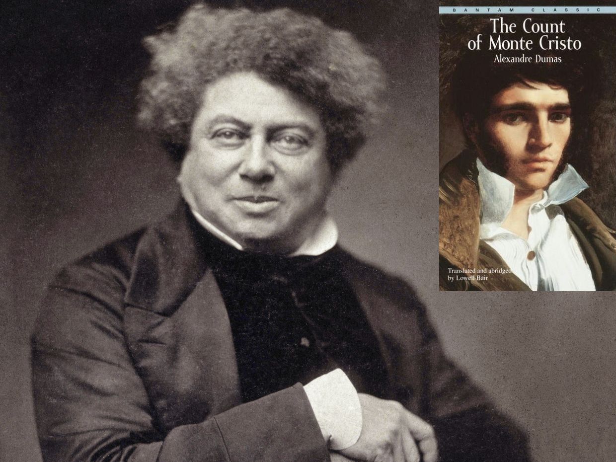 Photograph of Alexandre Dumas with an inset of The Count of Monte Cristo.