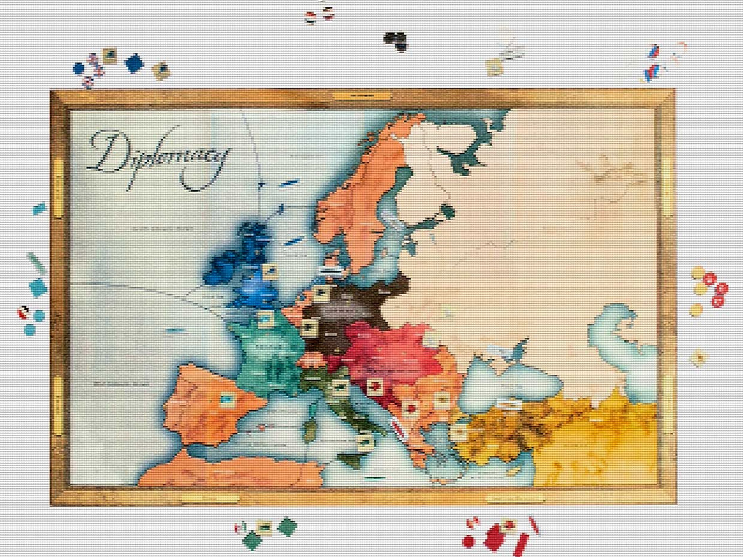 The game Diplomacy, with a pixellation treatment