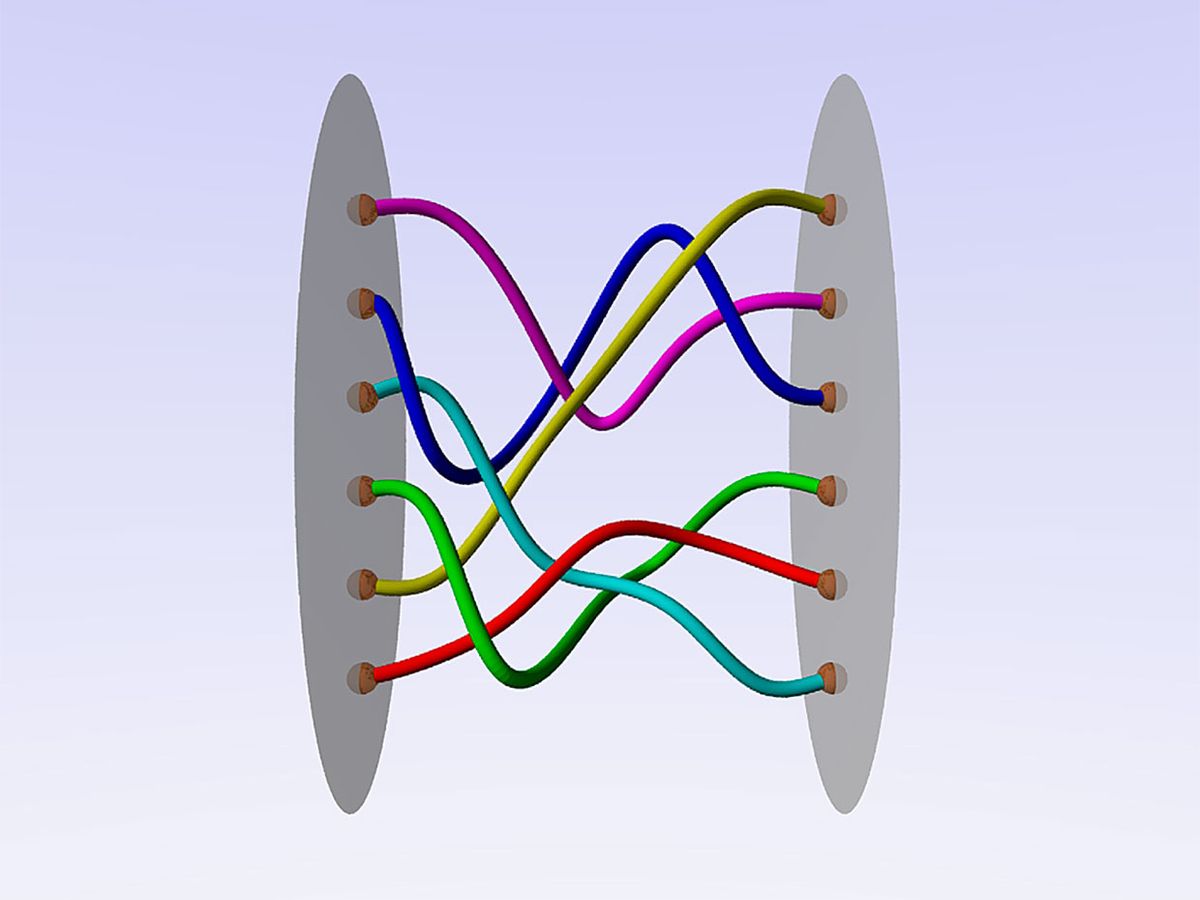 The logic gates in a future topological quantum computer would be based on the spacetime braids of two-dimensional quasiparticles called anyons as they move around. Mathematicians have done considerable work on braids, which are depicted abstractly here.