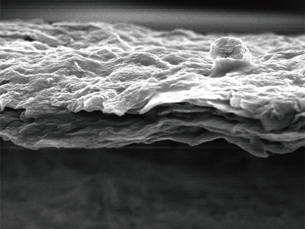 The optical image of a folded graphene oxide film looks like baked filo dough