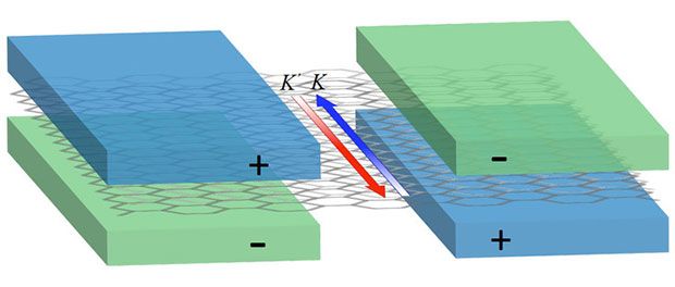 The pair of gates sandwiching a sheet of bilayer graphene create separate electron roadways (red and blue arrows) that dramatically reduce a circuit's power consumption and decrease the amount of heat it generates.