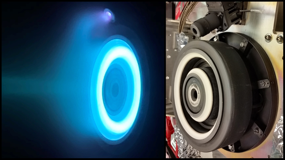 The photograph on the left shows a luminous ring with a diffuse glow around it. The photograph on the right shows the source of this light, a black cylindrical device bolted to the side of the spacecraft.