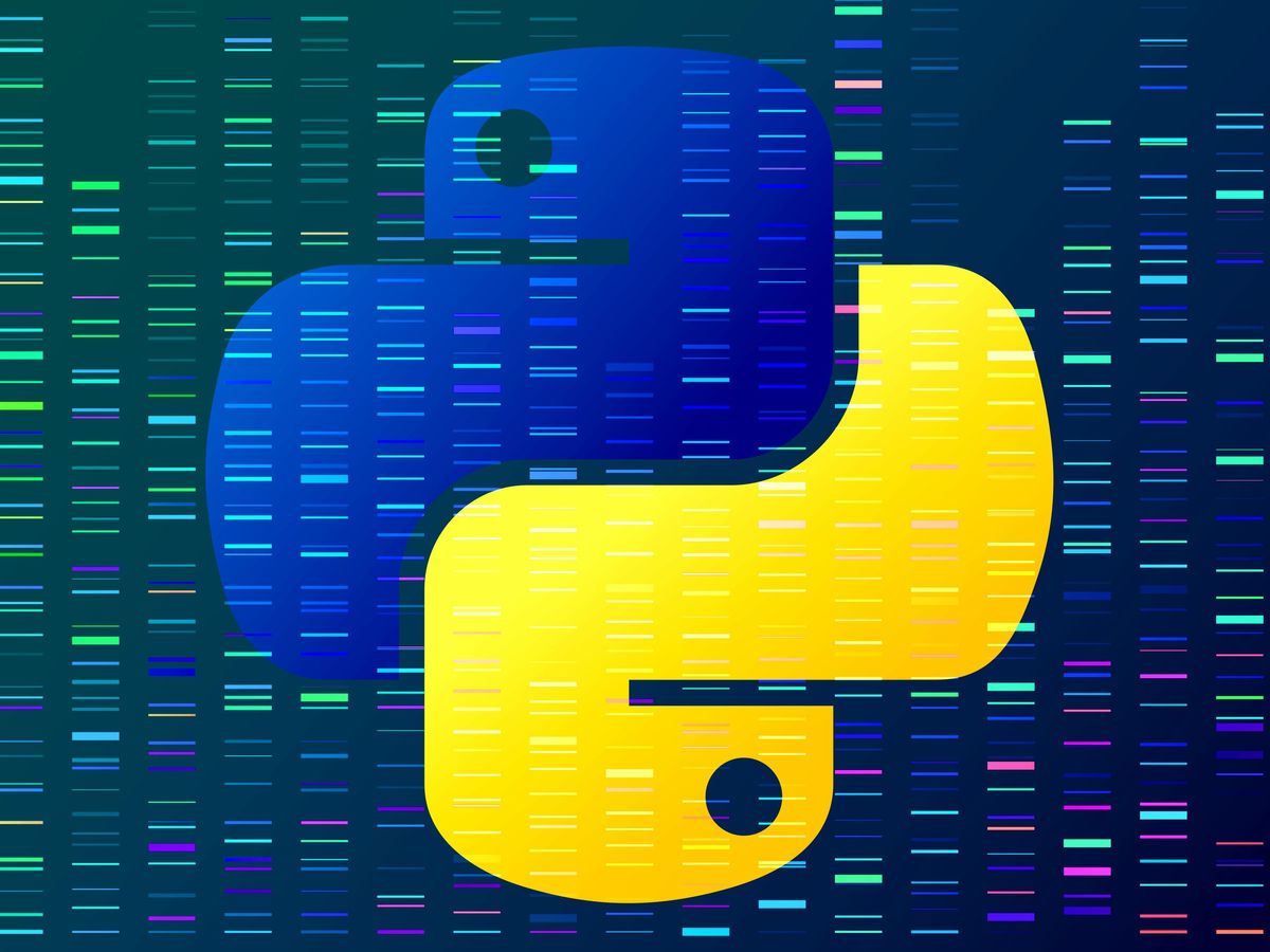 The Python logo on top of imagery representing DNA sequencing or other data.