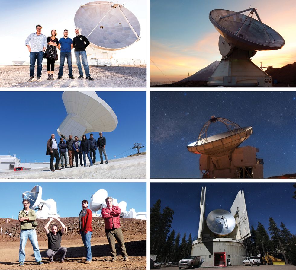 The scientific collaboration that resulted in the first images of a black hole involved hundreds of people, giant radio telescopes, and supercomputer facilities spread around the world. In addition to the James Clerk Maxwell Telescope and the South Pole Telescope (shown in photos above), six more radio telescopes were involved in the effort to produce pictures of a black hole: the Atacama Large Millimeter/submillimeter Array (ALMA), in Chile (top left); the Large Millimeter Telescope (LMT), in Mexico (top right); the IRAM Pico Veleta telescope, in Spain (middle left); the Atacama Pathfinder EXperiment (APEX), in Chile (middle right); the Submillimeter Array (SMA), in Hawaii (bottom left); and the Submillimeter Telescope (SMT) (bottom right), in Arizona.