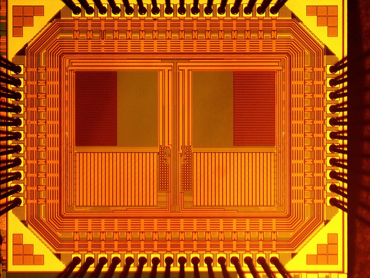 The University of Michigan's self-powered camera chip laid bare vaguely resembles two square owl's eyes.