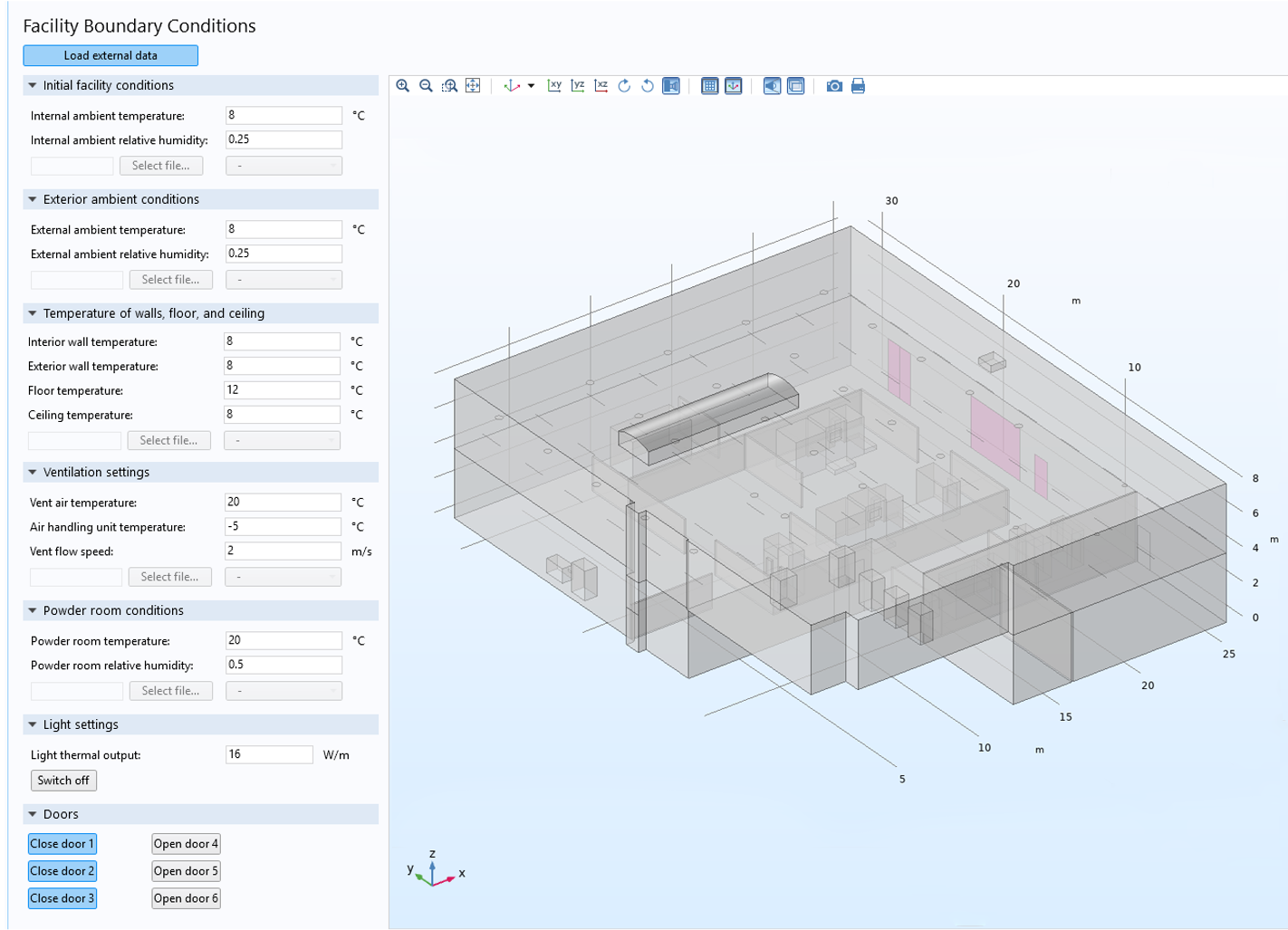 The user interface of a simulation app for analyzing facility conditions based on a set of inputs.