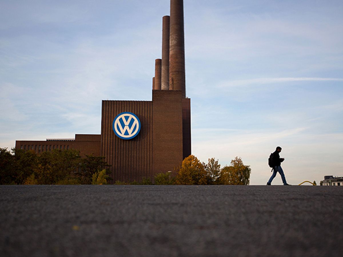 The Volkswagen logo sits on the automaker's headquarters in Wolfsburg, Germany