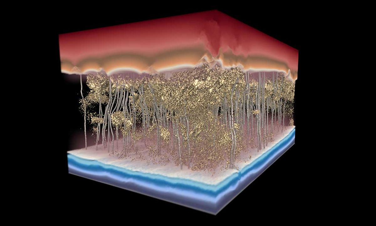 This 3D model of a polymer desalination membrane shows water -- the silver channels, moving from top to bottom