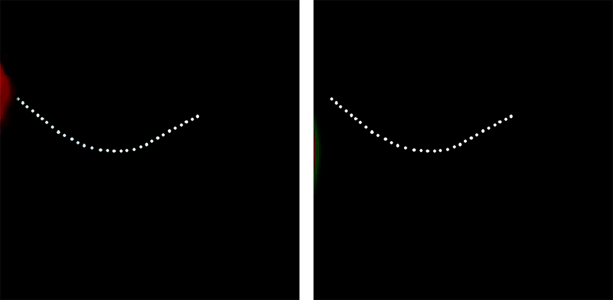 This accelerating light pulse (left) met expectations (right) that it would follow a curved trajectory and emit radiation at the terahertz frequencies of security technology and other sensing applications.