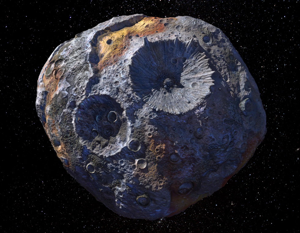 This artist\u2019s rendering shows a highly cratered celestial object that is not quite spherical.