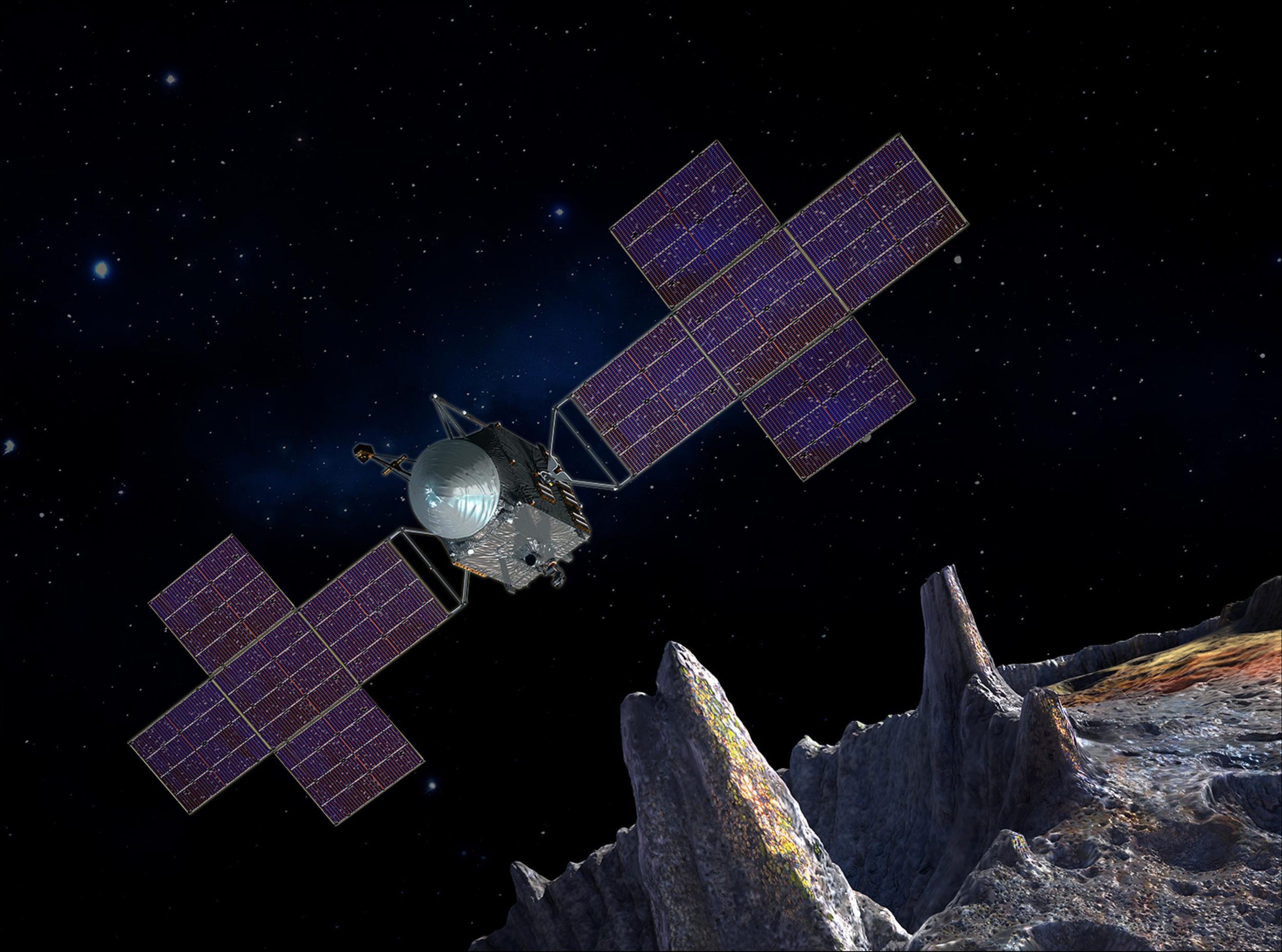 This artist’s rendering shows a blocky space probe, to which a dish antenna is mounted and from which two solar panels extend, in near proximity to rocky, cratered surface.