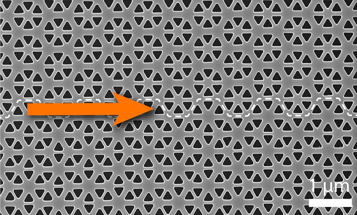 Electron microscopy image of topological photonic crystals in a perforated slab of silicon.