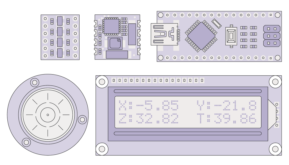 This illustration shows a top-down view of four small circuit boards\u2014a level-shifter, an RM3100 sensor, an Arduino Nano, and an LCD display\u2014along with a bull\u2019s-eye level.