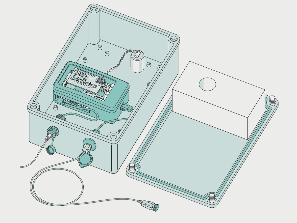 This illustration shows an open box, with a Raspberry Pi computer inside, along with a small cylinder (geophone). Two cables plug into the side of the box, which pass power and signals inside to the Raspberry Pi. 