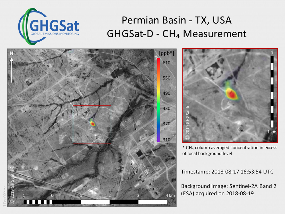 This image produced by the satellite Claire shows a methane plume rising from an oil and gas facility in Texas.