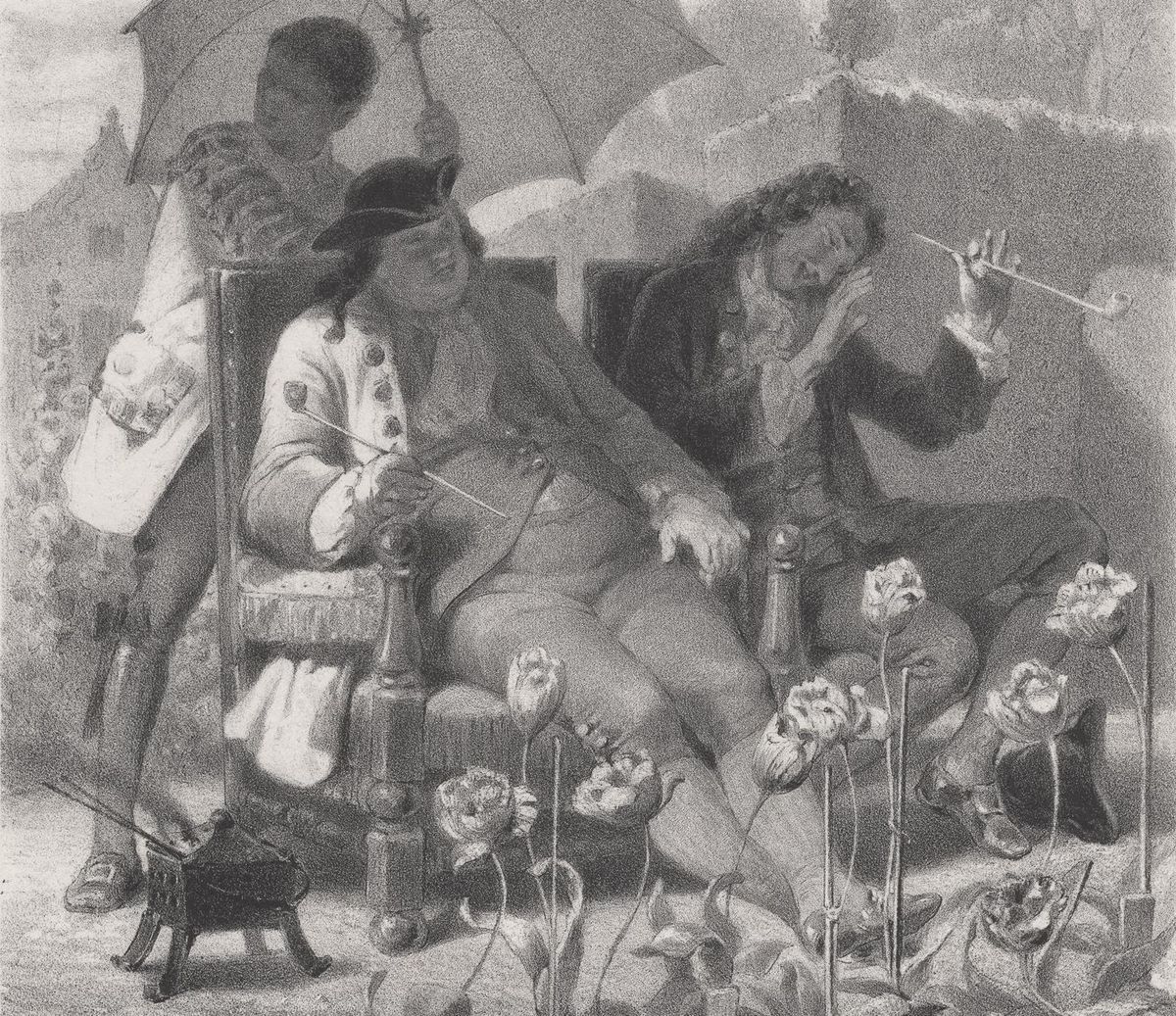 This image shows a lithograph after a painting that depicts two seated men with a servant holding an umbrella shading them from the sun while they are admiring a bed of tulips.
